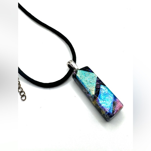 Dichroic Blue Art Glass Pendant Necklace 21” Black Cord & Extender-Handcrafted - Picture 8 of 11